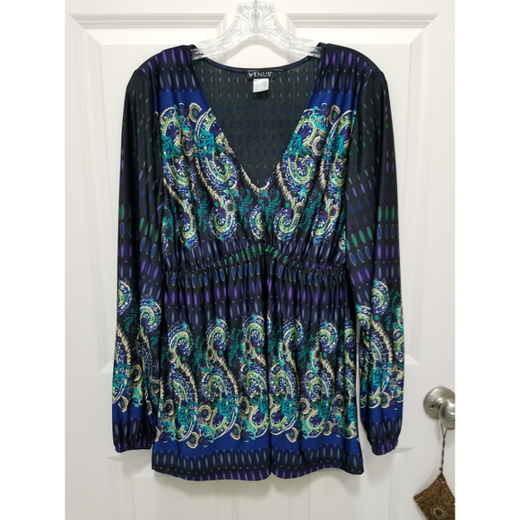 Venus NWOT Paisley Long Sleeve V-neck Elastic Waist Super Soft Stretchy Sz M - Picture 1 of 11